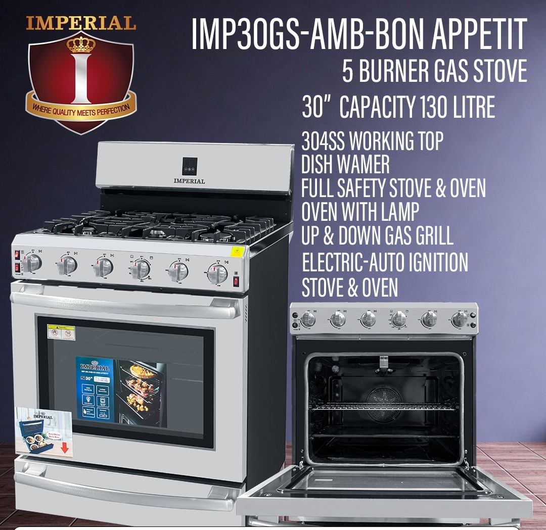 IMPERIAL BON APPETIT STOVE -- 5 BUR 30" -- GE TYPE HEAVY DUTY -- WITH BROILER -- & STEEL